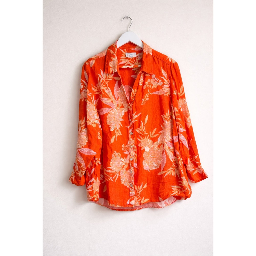Cynthia Rowley 100% Linen Button Down Shirt Orange Floral Hawaiian Resort Sz 1X